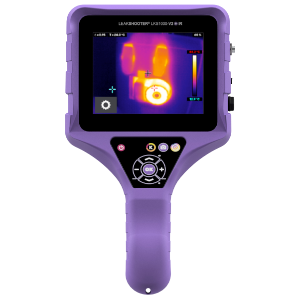 Ultradźwiękowy wykrywacz nieszczelności LEAKSHOOTER V2T+IR z kamerą termowizyjną i ekranem dotytkowym(widok z przodu).